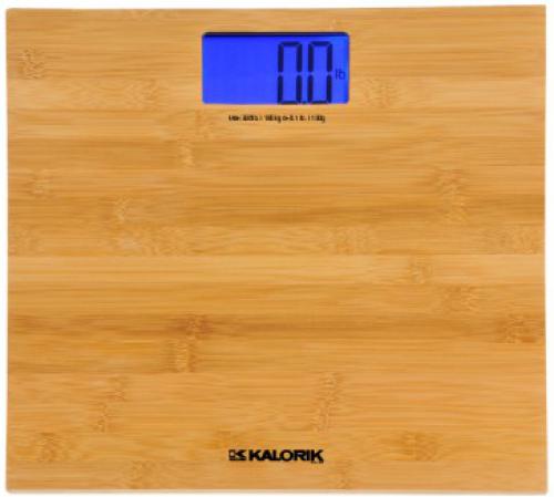 Kalorik EBS 37070 Digital Bamboo Bathroom Scale; Natural bamboo platform finish; Super slim; Extra-large LCD display, with blue backlight for visibility; Maximum capacity: 396 lb. / 180 kg; Units in kg, lb. or stone; Auto-on & auto-off; Low battery & overload indicators; Batteries included; Equipped with high precision sensor system; Dimensions: 11.33 x 11.33 x 1.25; UPC 848052000032 (EBS37070 EBS 37070)